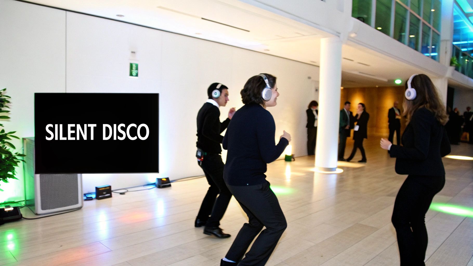 Attendees dancing with headphones at a modern silent disco event with 'SILENT DISCO' on a screen.