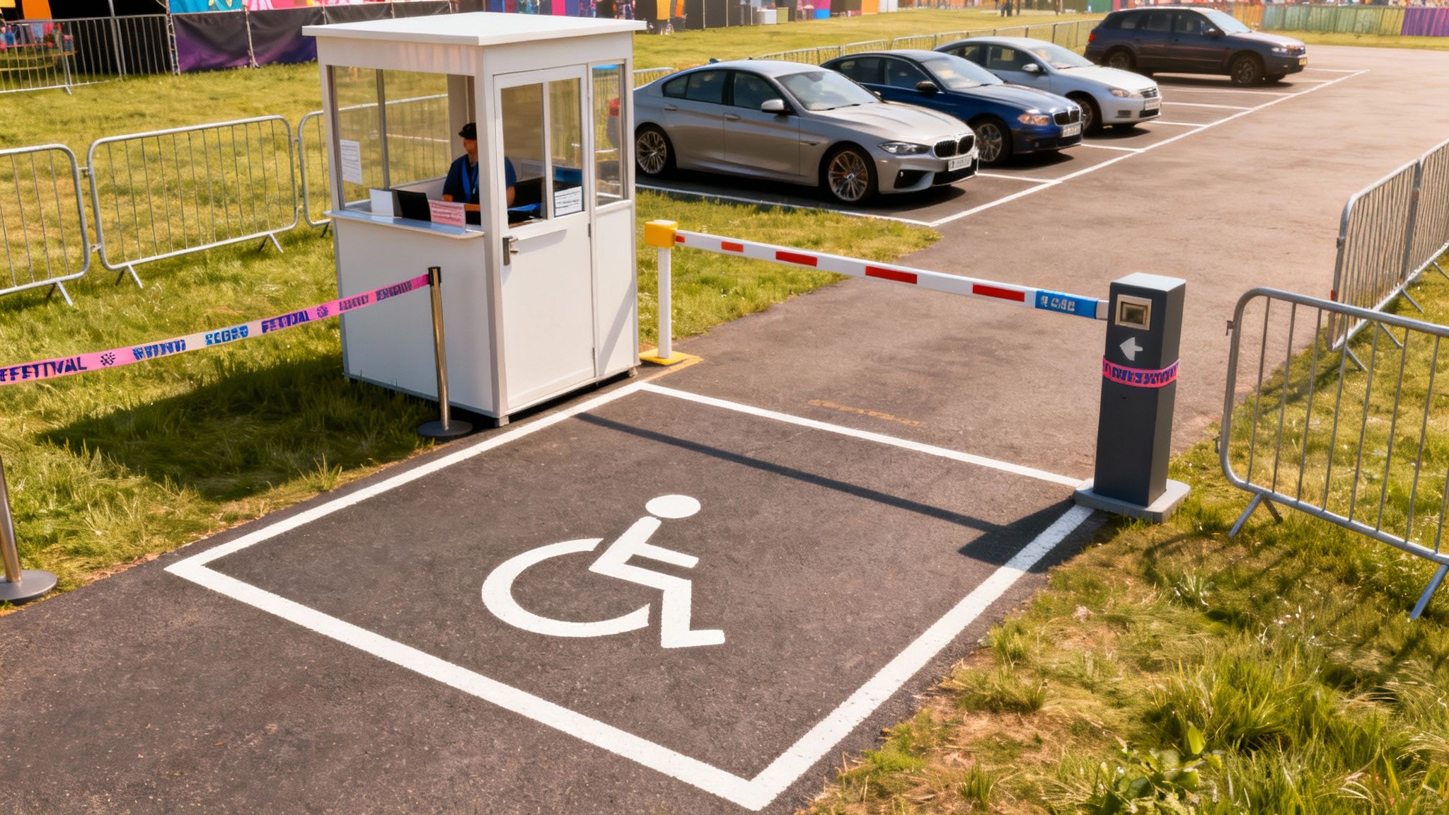 An outdoor festival entrance featuring a ticket booth, an automatic barrier, and a clearly marked disabled parking spot.