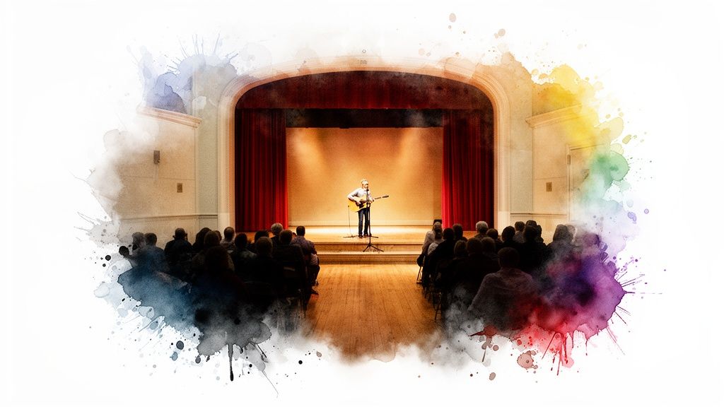 A musician plays an acoustic guitar on stage for an audience in an auditorium, with colorful watercolor effects.