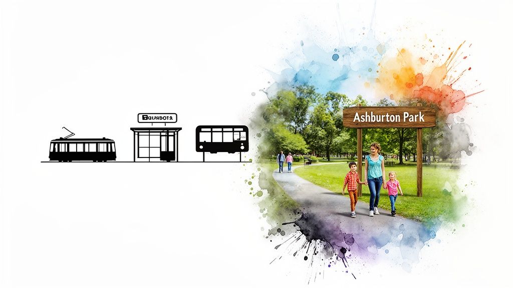 Black and white transport icons on the left, a family enjoying a vibrant Ashburton Park on the right.