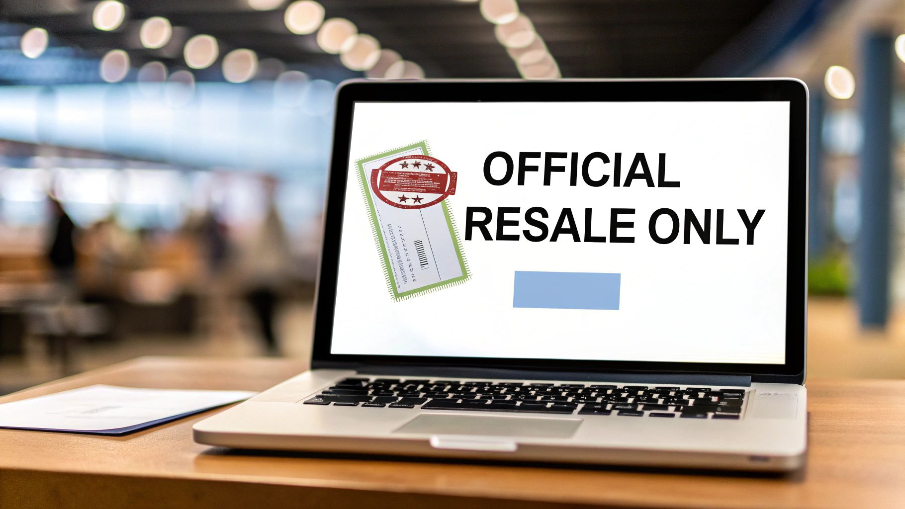 A laptop on a wooden desk displays 'OFFICIAL RESALE ONLY' text and a ticket graphic on its screen.