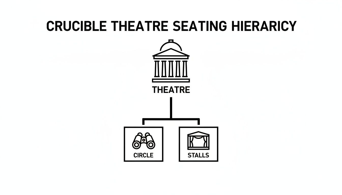 Hierarchy diagram illustrating Crucible Theatre seating, showing Theatre, Circle (binoculars), and Stalls (stage curtain).