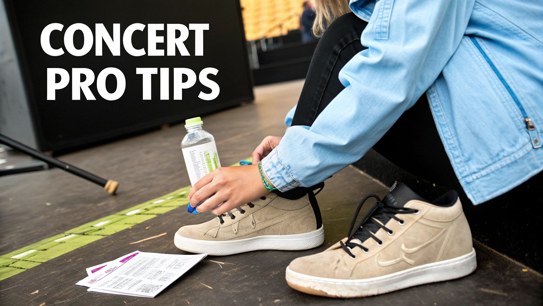 A person in a denim jacket ties their shoe with a water bottle and concert tickets nearby.