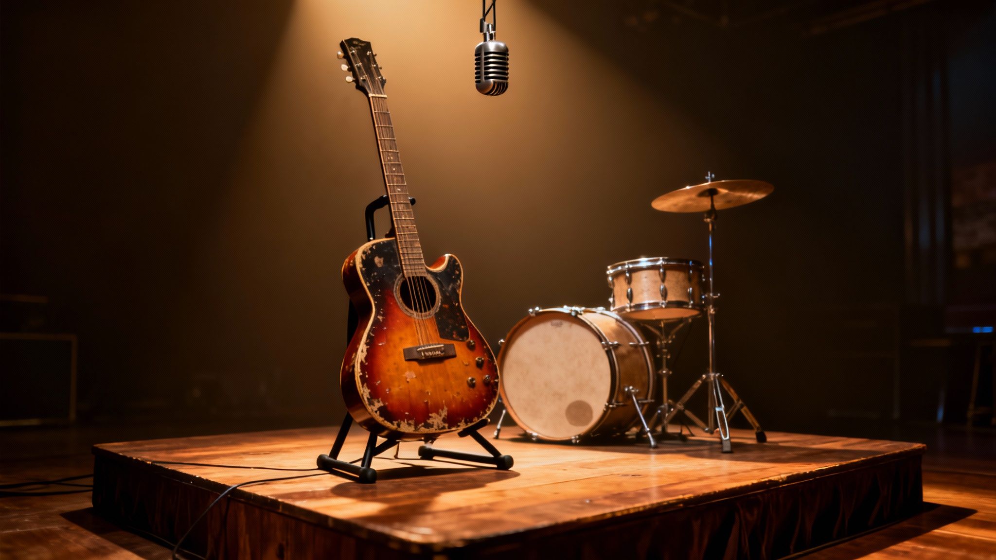 A vintage acoustic guitar and drum set on a wooden stage under a spotlight, with a microphone hanging.
