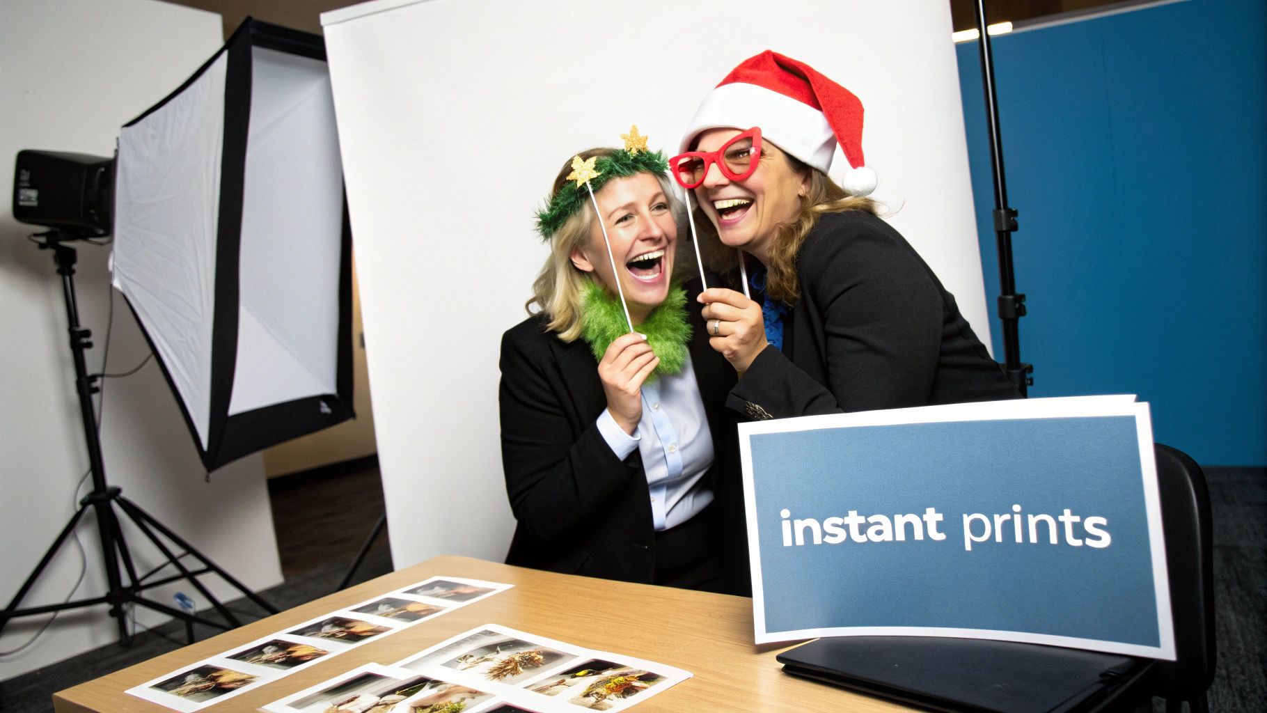 Two happy women laughing and posing with Christmas props at an instant print photo booth.