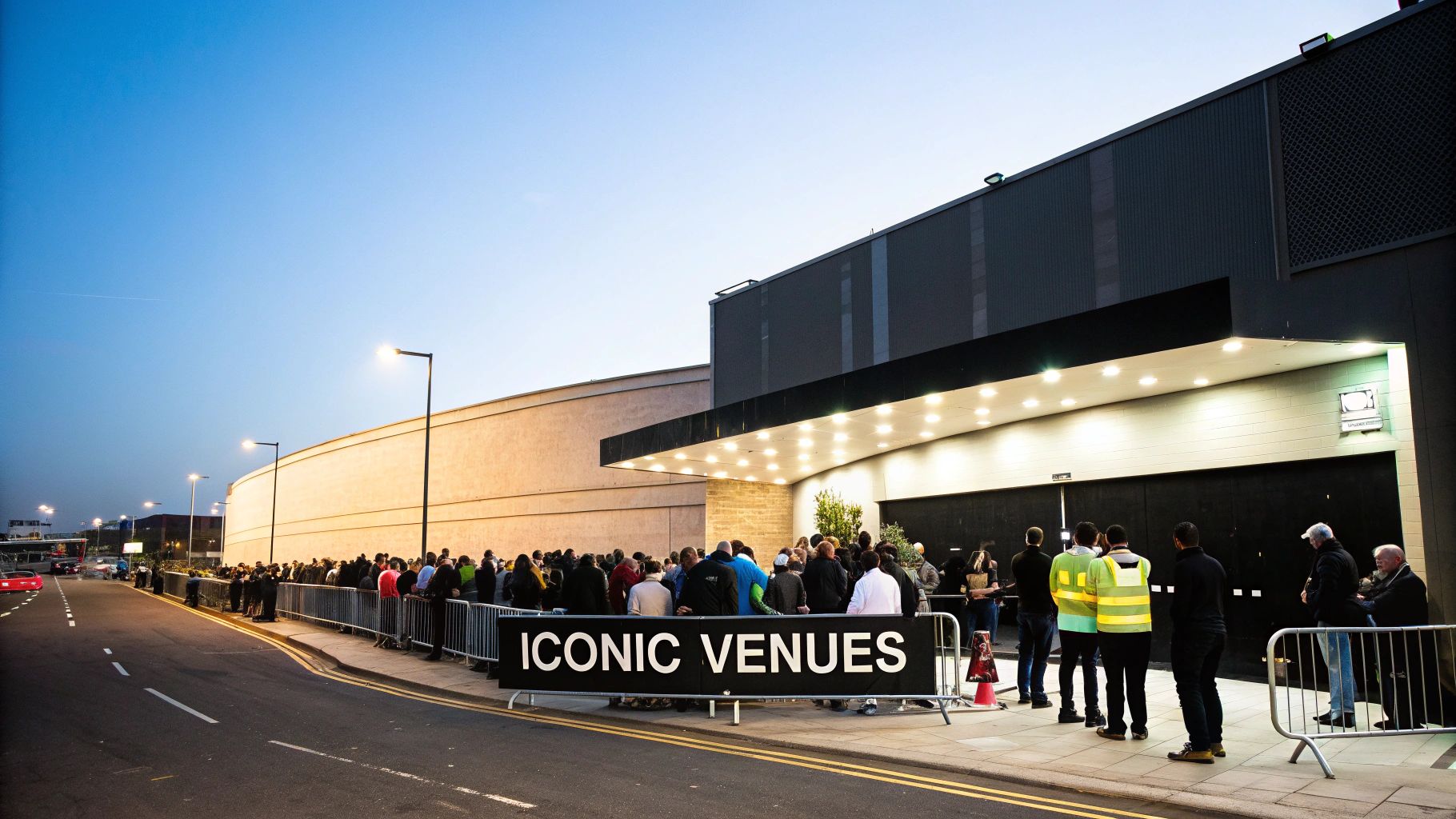 A long queue of people waiting outside a modern event venue at dusk, with streetlights on.
