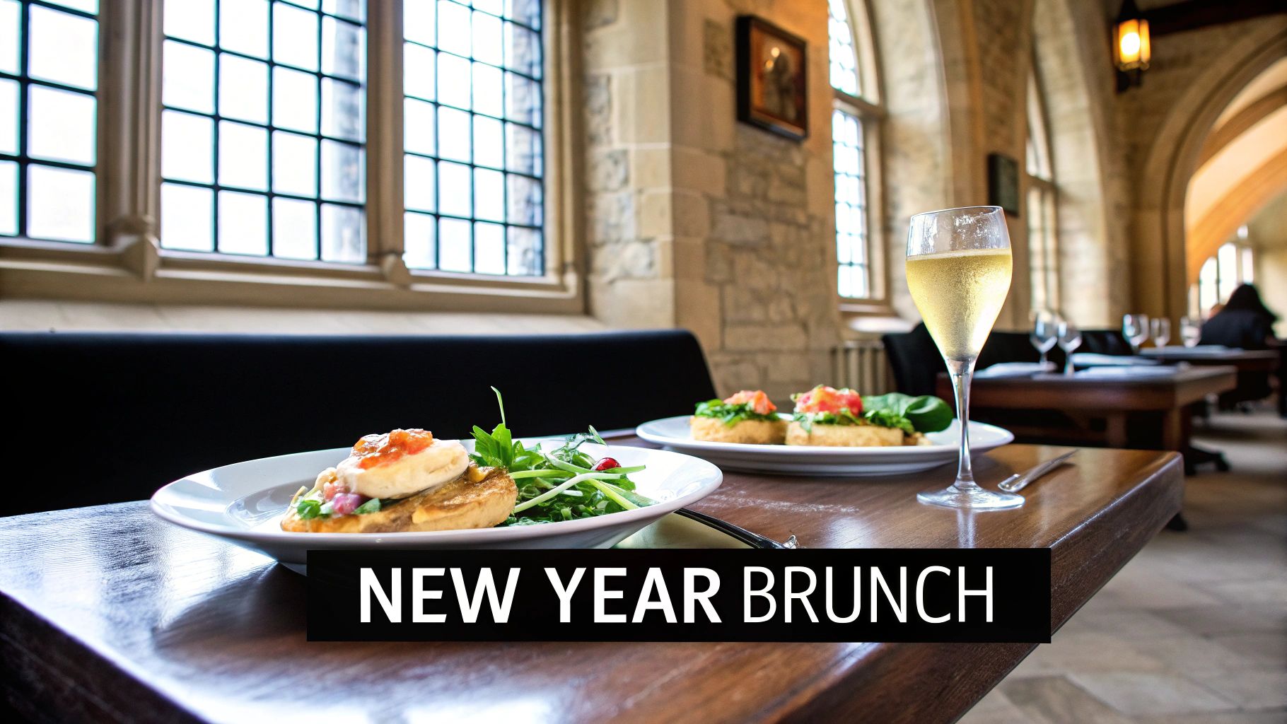 Elegant New Year brunch spread with champagne and gourmet appetizers in historic Oxford dining room