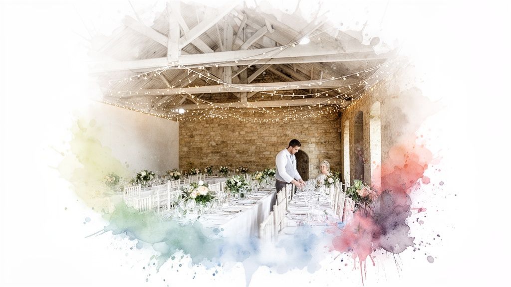 Elegant wedding reception decor in a rustic barn with string lights, tables, and floral arrangements.