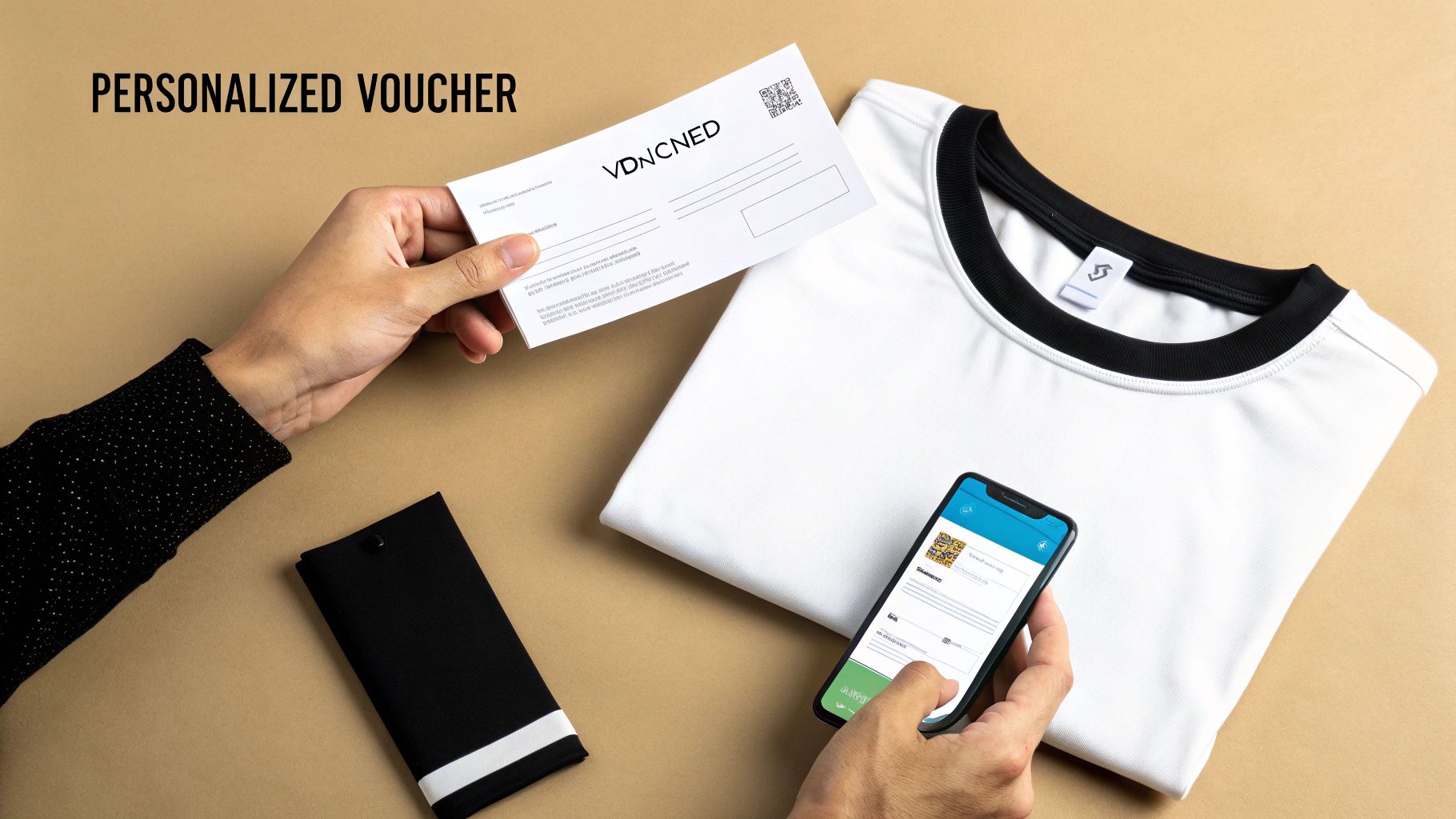 Hands holding a personalized paper voucher and a smartphone displaying a digital voucher, next to a white t-shirt.