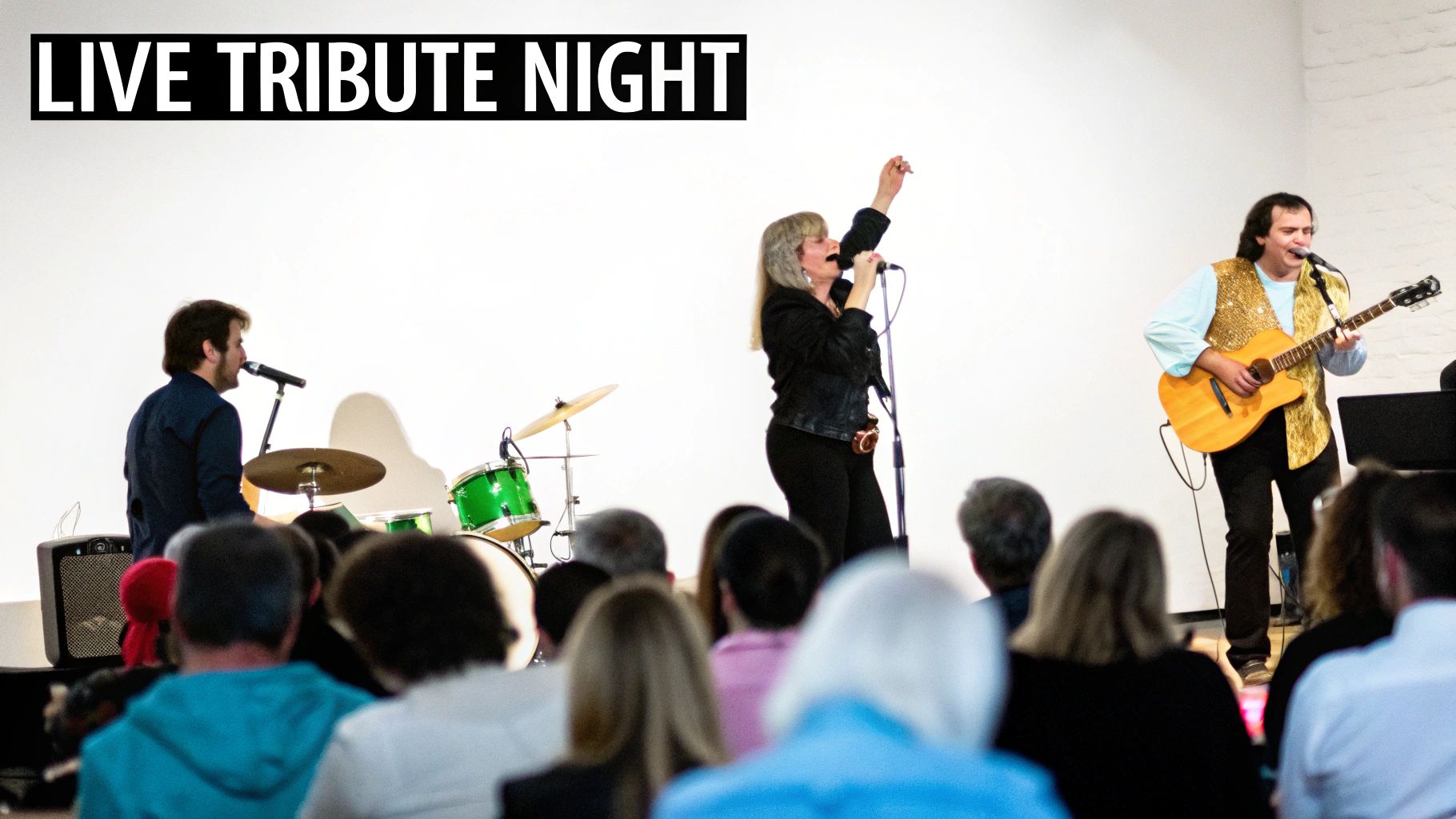 A live band performs a tribute night with a drummer, vocalist, and guitarist on stage for an audience.