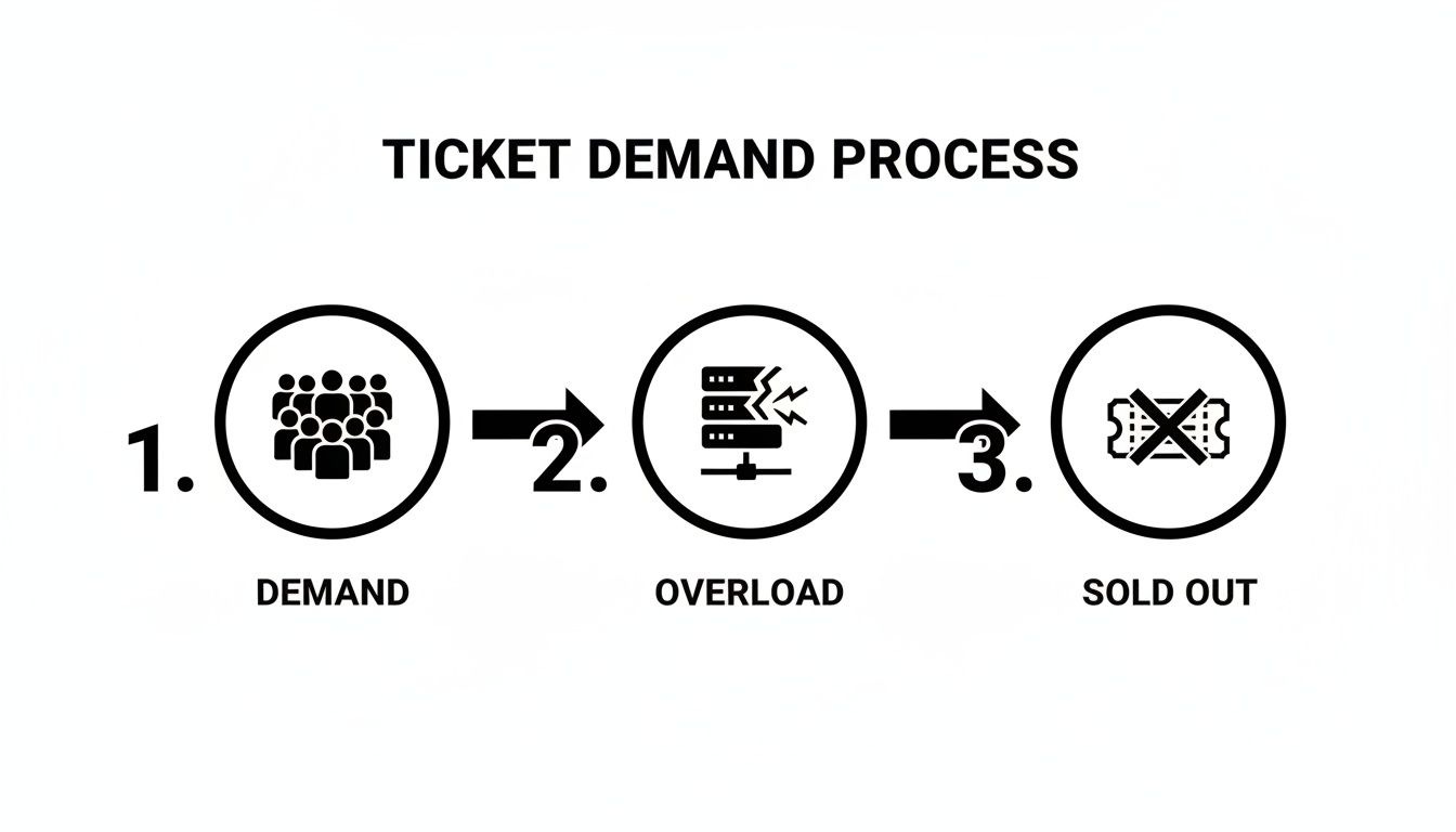 Infographic illustrating the ticket demand process: high demand causes system overload, resulting in sold-out tickets.