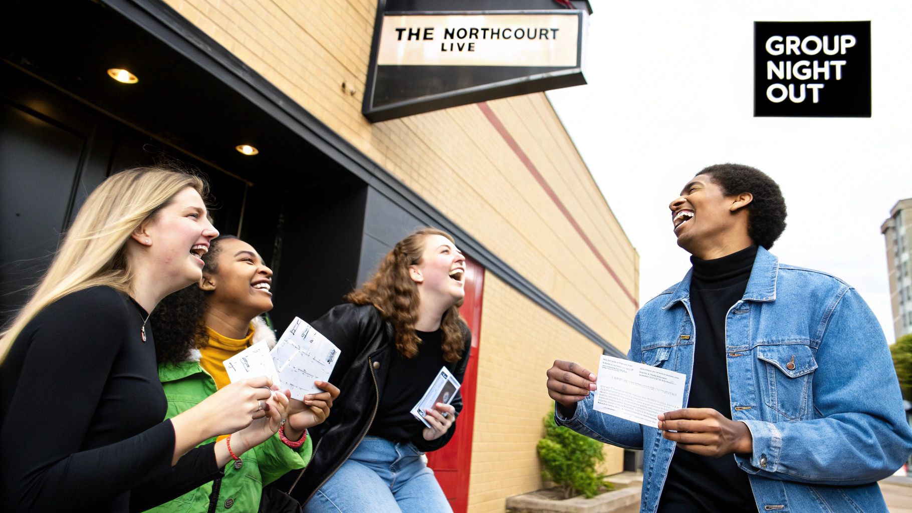 A diverse group of happy young adults holding tickets and laughing outside "The Northcourt Live" venue.