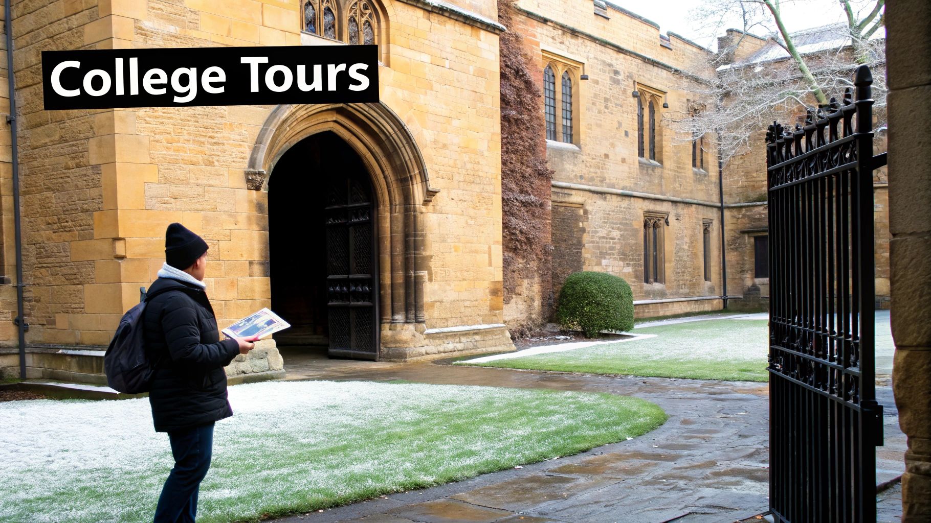 Student exploring historic Oxford college courtyard during winter college tour with informational brochure