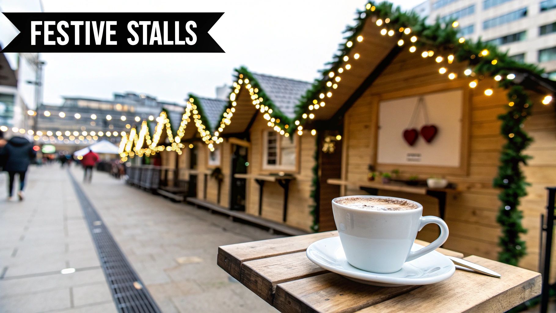 A festive Christmas market scene with wooden stalls, string lights, and a warm coffee cup.