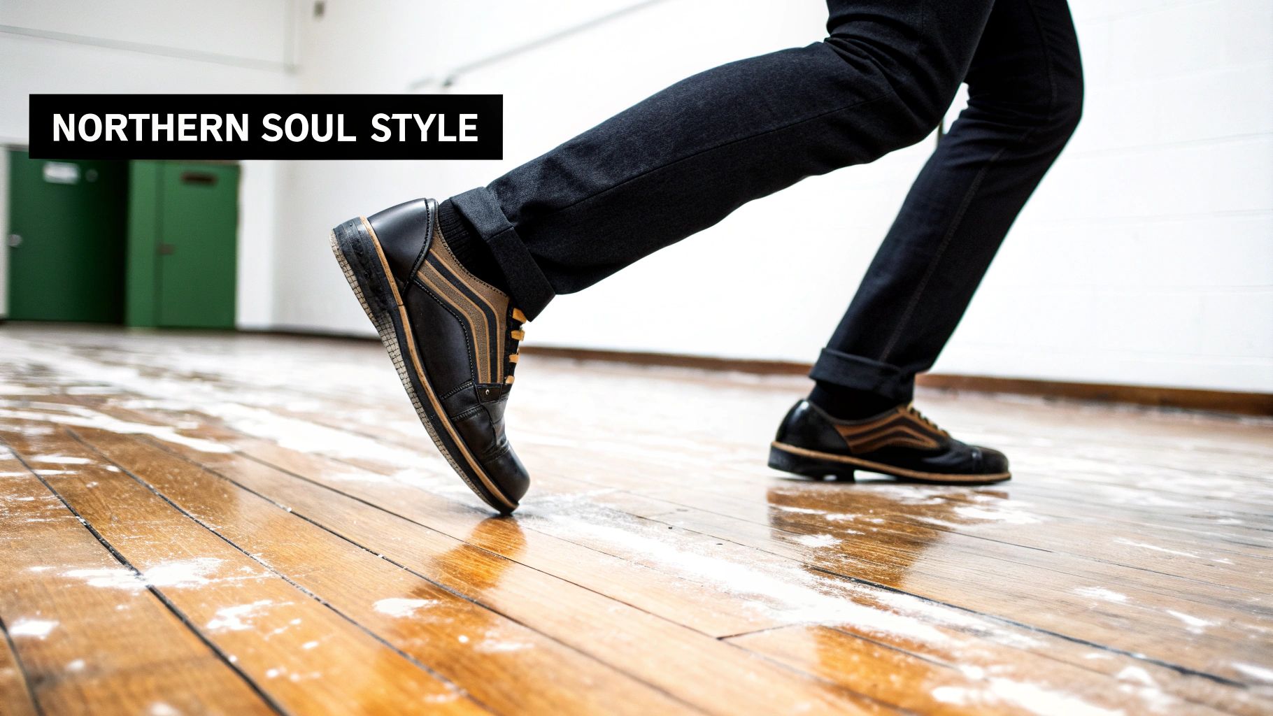 A person's feet in black and brown shoes dancing on a powdered wooden floor, Northern Soul style.