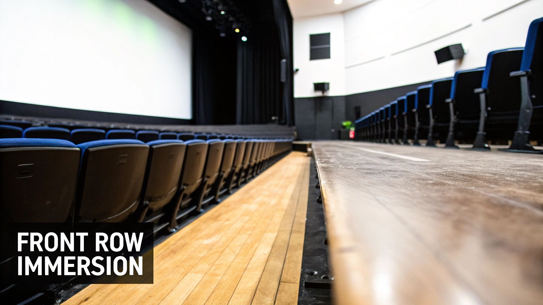 View of empty blue theater seats, a wooden stage, and a large white screen, with 'Front Row Immersion' text.