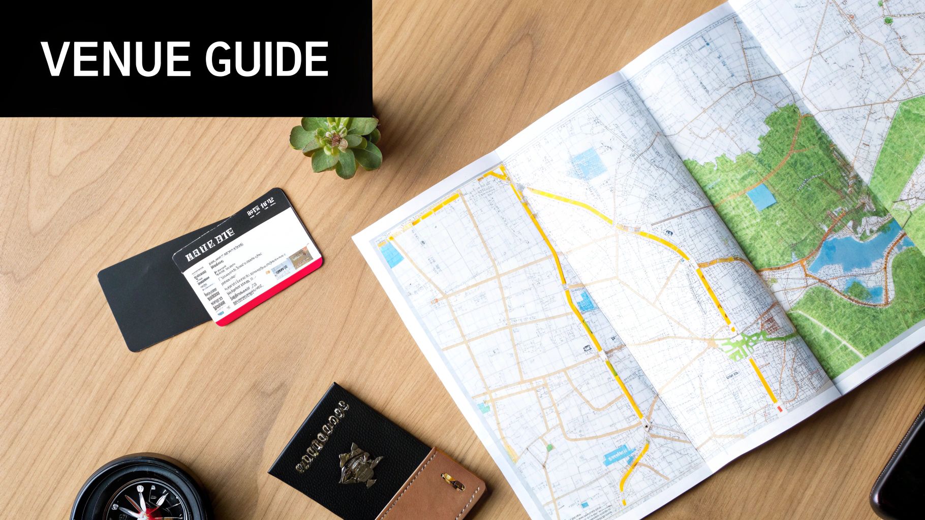 Overhead view of travel essentials including a map, ID, compass, and passport, under a 'VENUE GUIDE' banner.