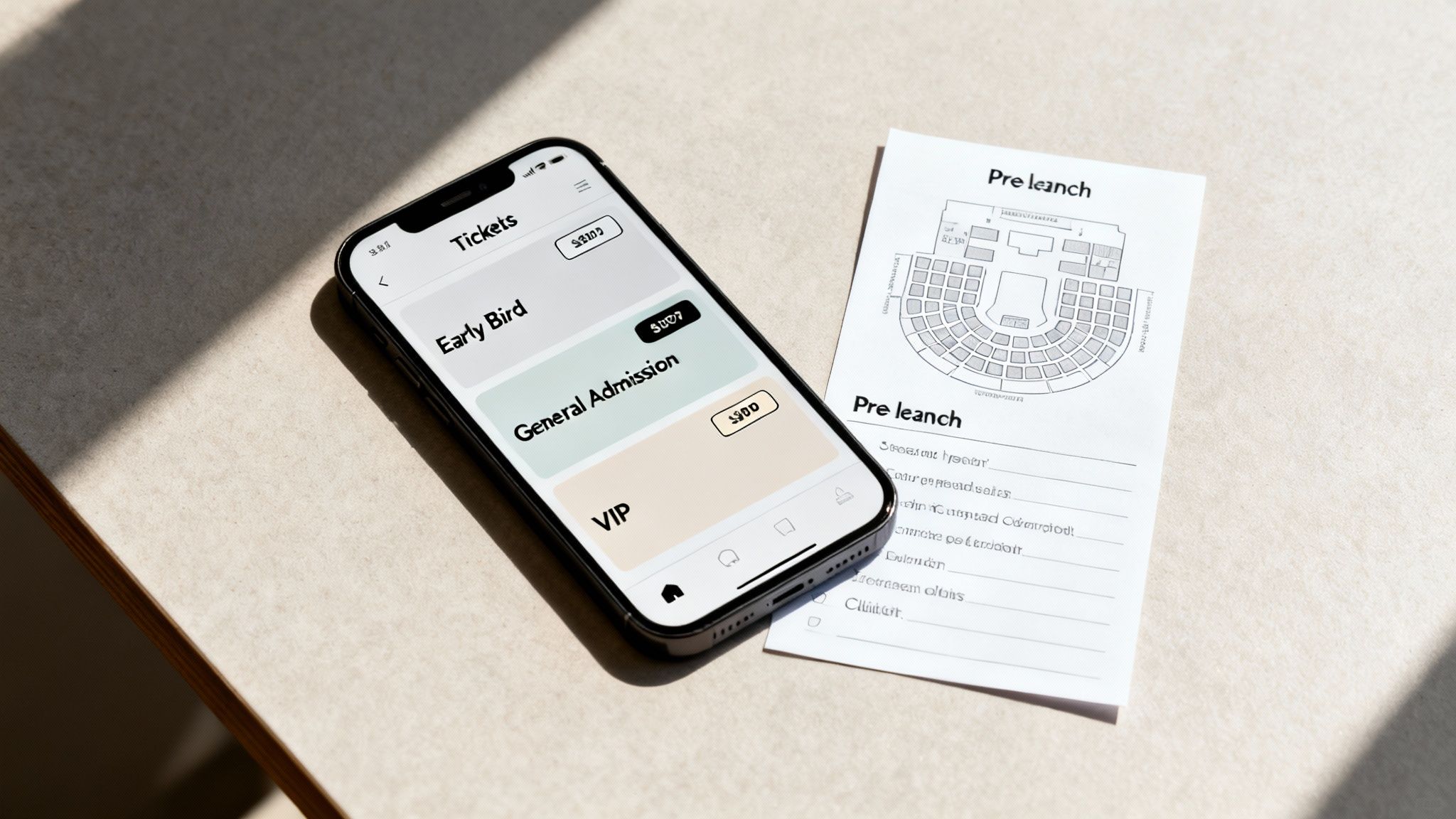 Smartphone displays a concert ticket app with Early Bird, General, VIP prices, beside an event seating chart.