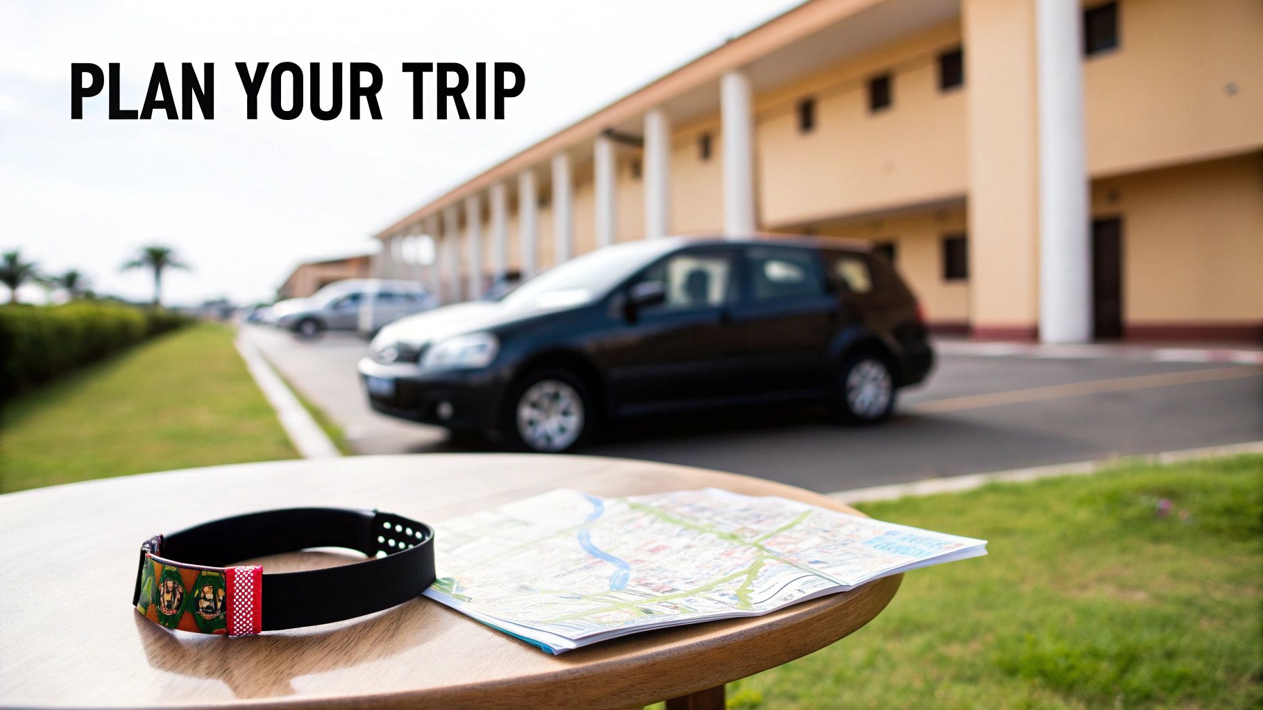A map and travel wristband on a wooden table, with cars, a building, and "PLAN YOUR TRIP" text.