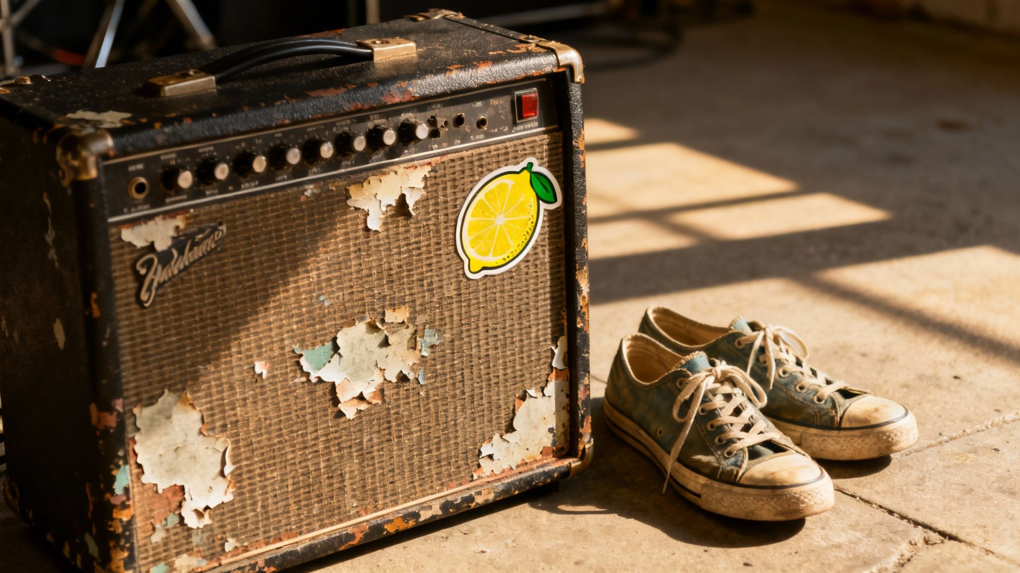 A retro guitar amp with peeling paint and a lemon sticker, beside old blue canvas shoes on a sunny floor.