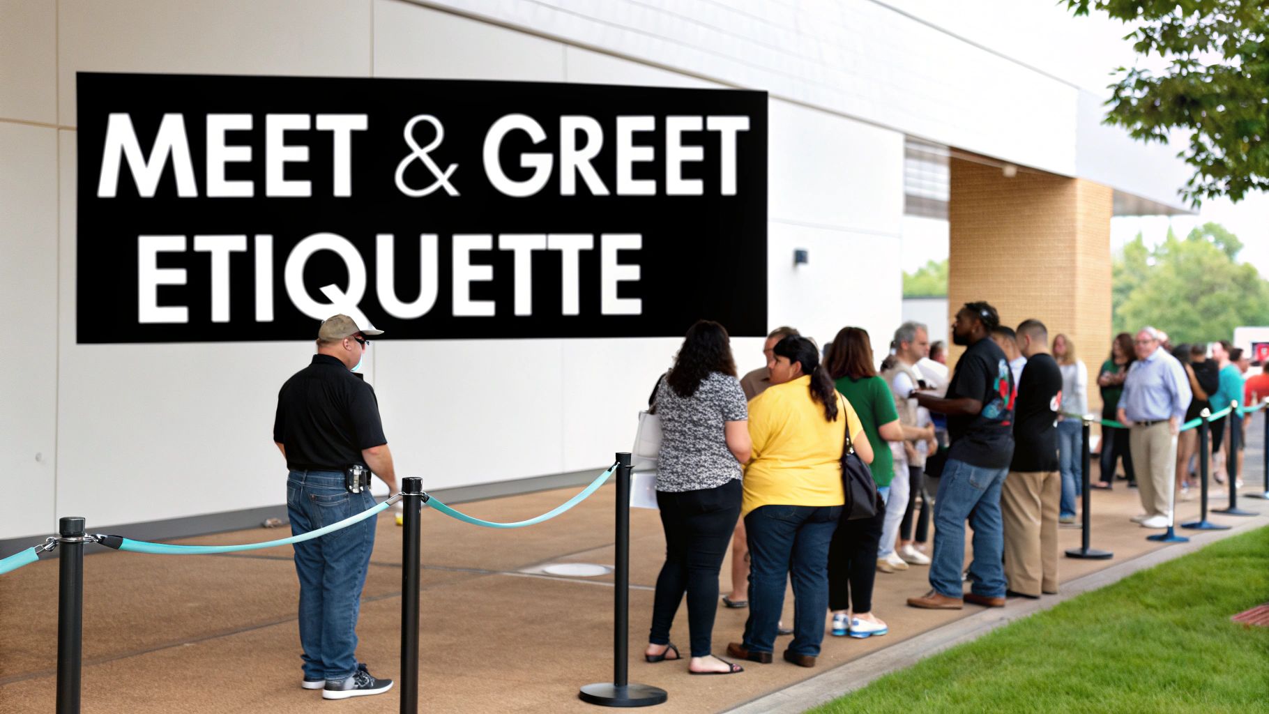 A diverse group of people queues outside a building for a meet and greet event, with an etiquette sign.