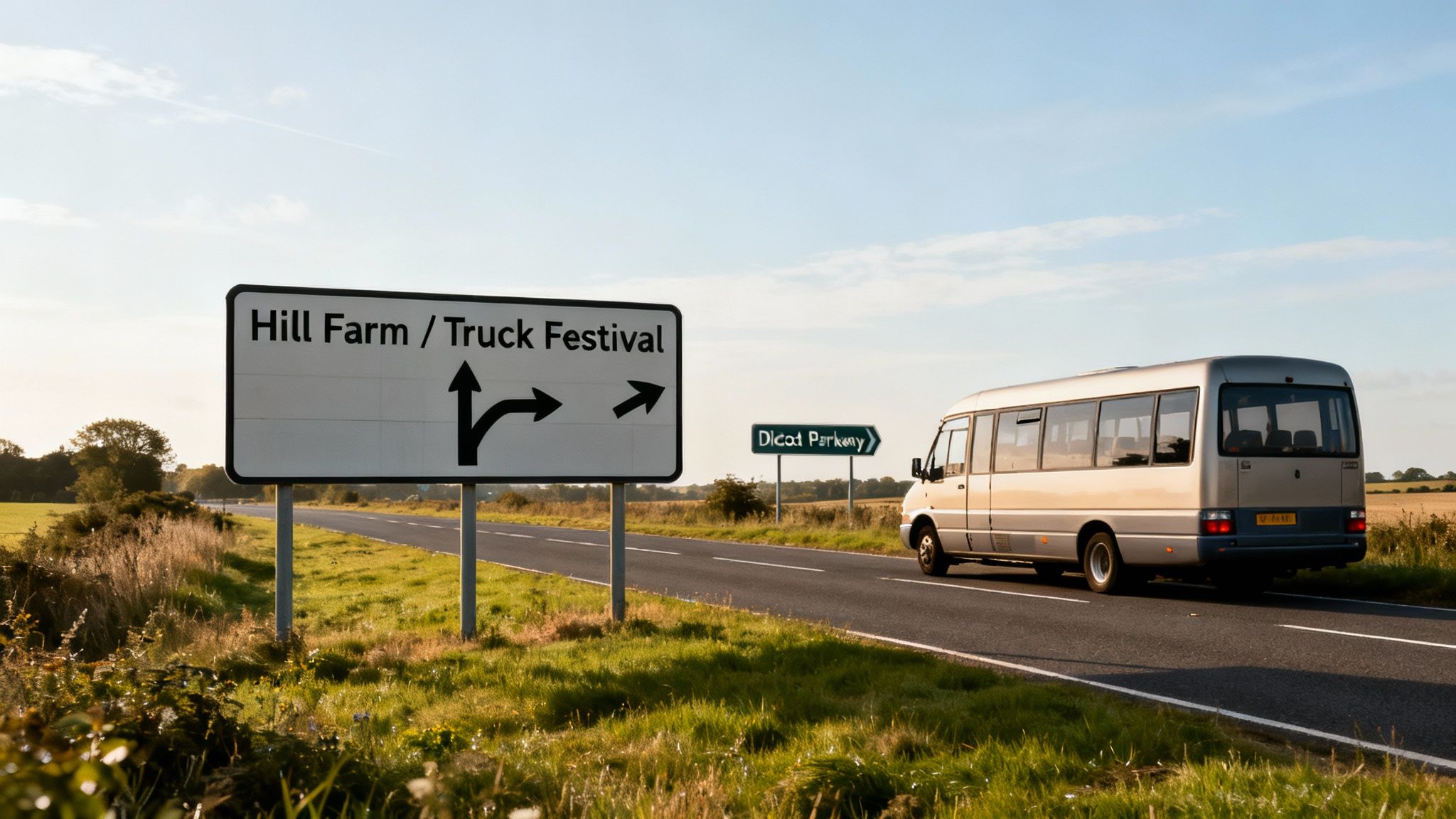 A rural road with a sign for Hill Farm / Truck Festival and a minibus driving away.