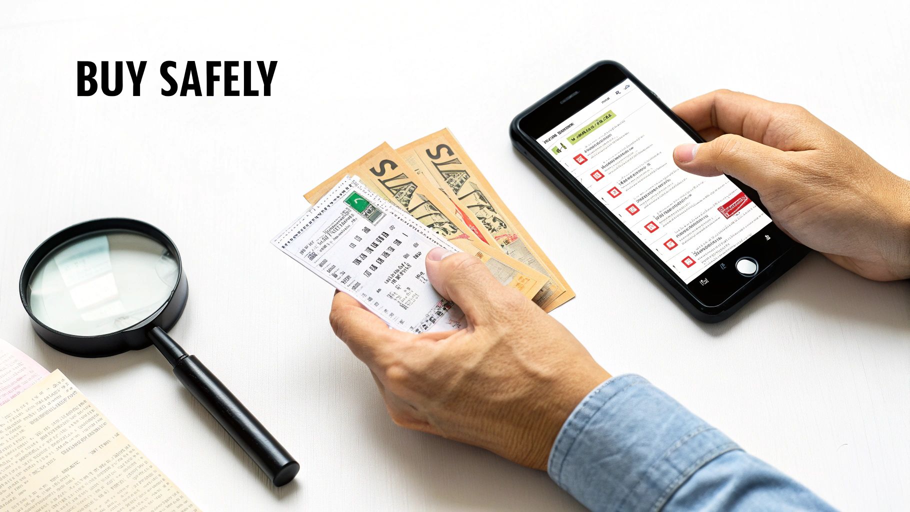 Hands holding lottery tickets and cash, with a smartphone displaying app listings and 'BUY SAFELY' text.