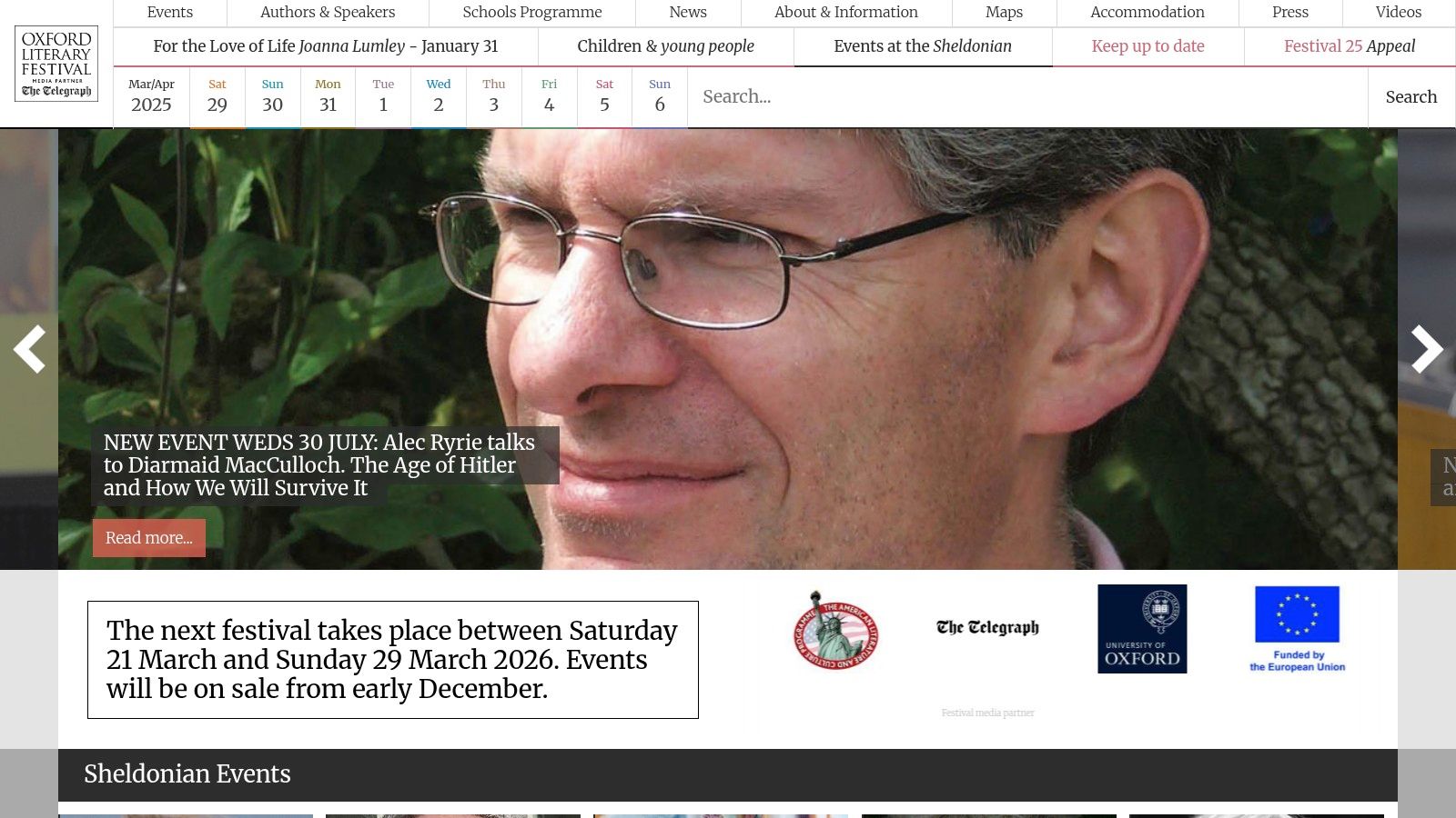 The Oxford Literary Festival website homepage featuring the event logo and key dates.