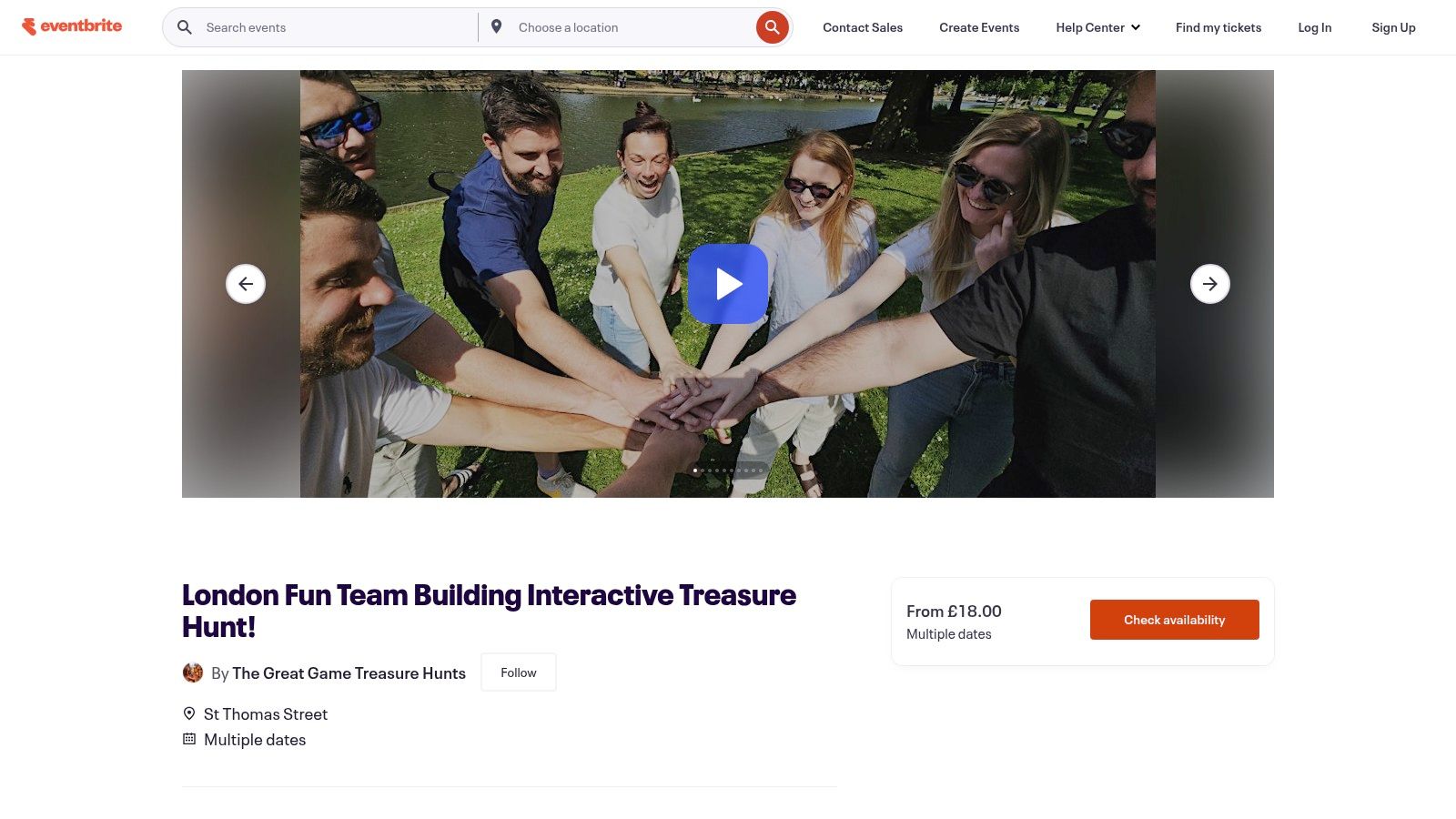 Eventbrite UK website showcasing various team building events
