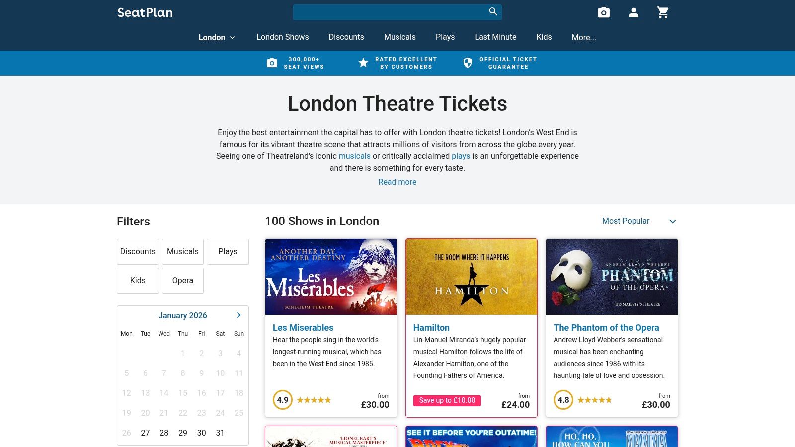 The SeatPlan website homepage displaying deals for top shows in London.