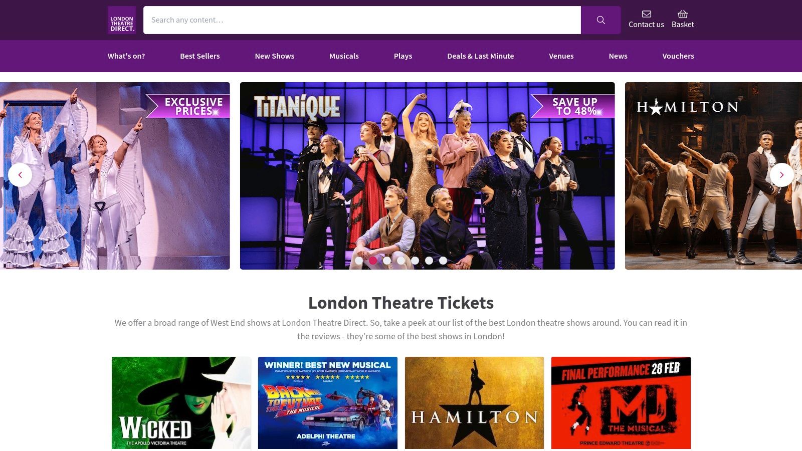 The homepage of London Theatre Direct showing promotions for various West End shows.