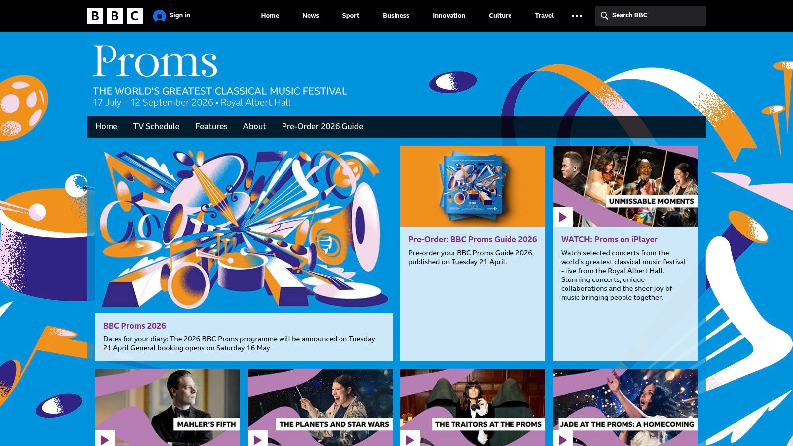 BBC Proms logo over an image of the orchestra performing at the Royal Albert Hall