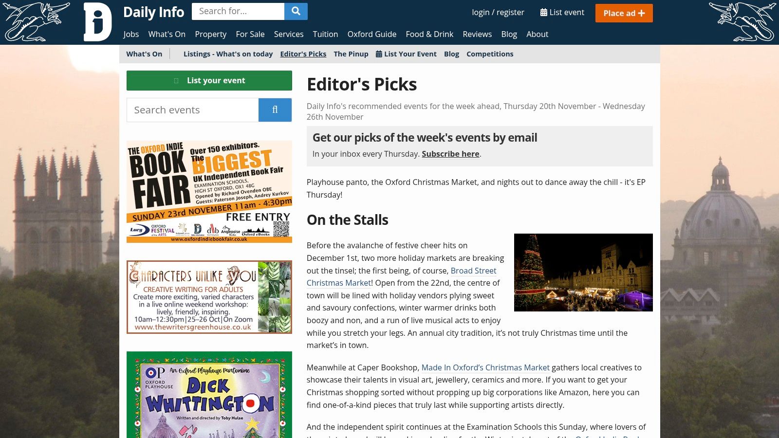Daily Info website showing its &quot;What&#39;s On&quot; listings for Oxford.