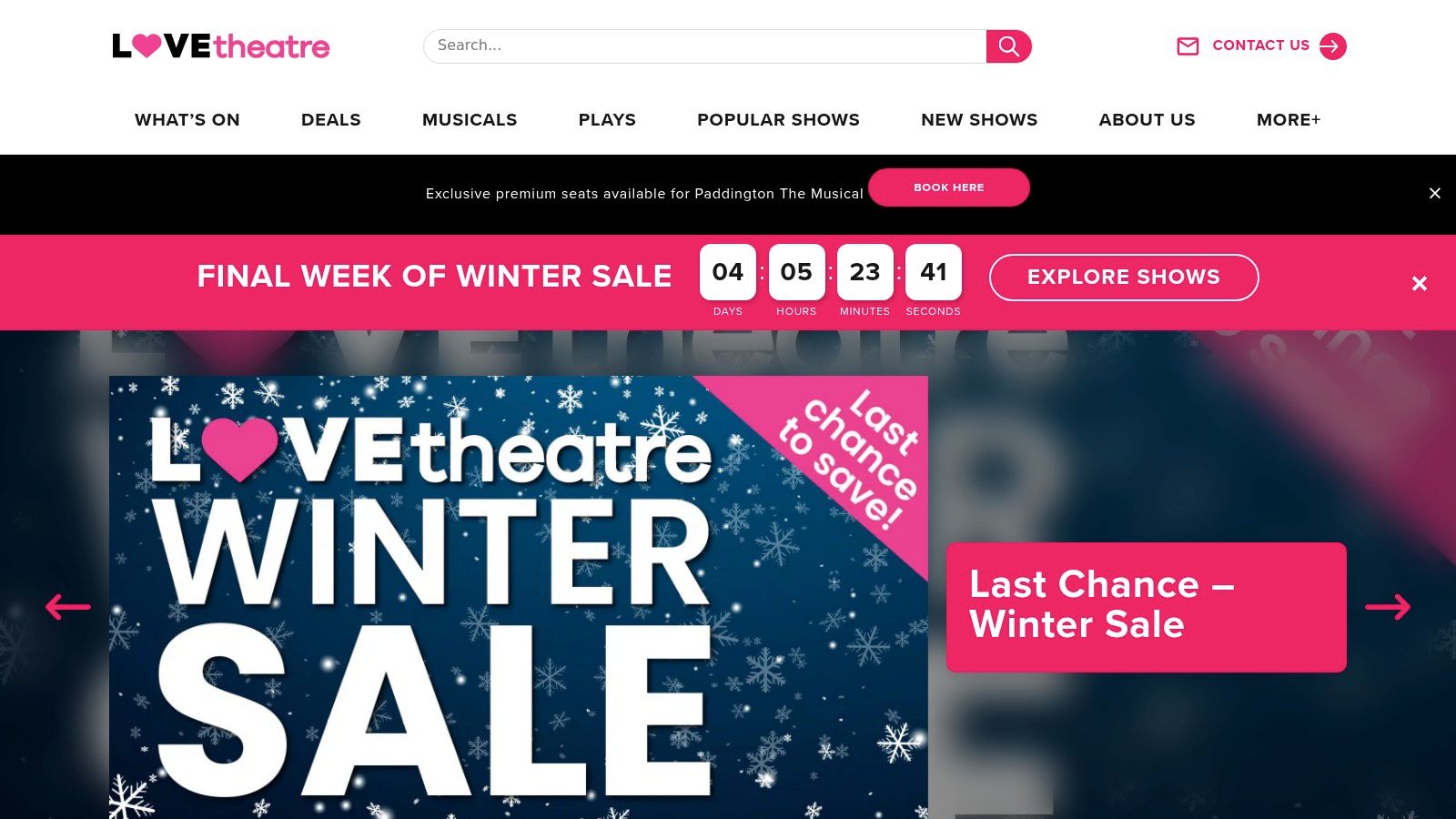 LOVEtheatre website showcasing a winter sale on London theatre tickets.