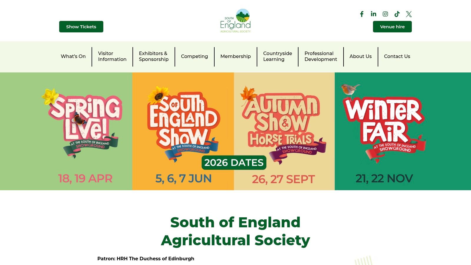 Official events calendar on the South of England Agricultural Society website