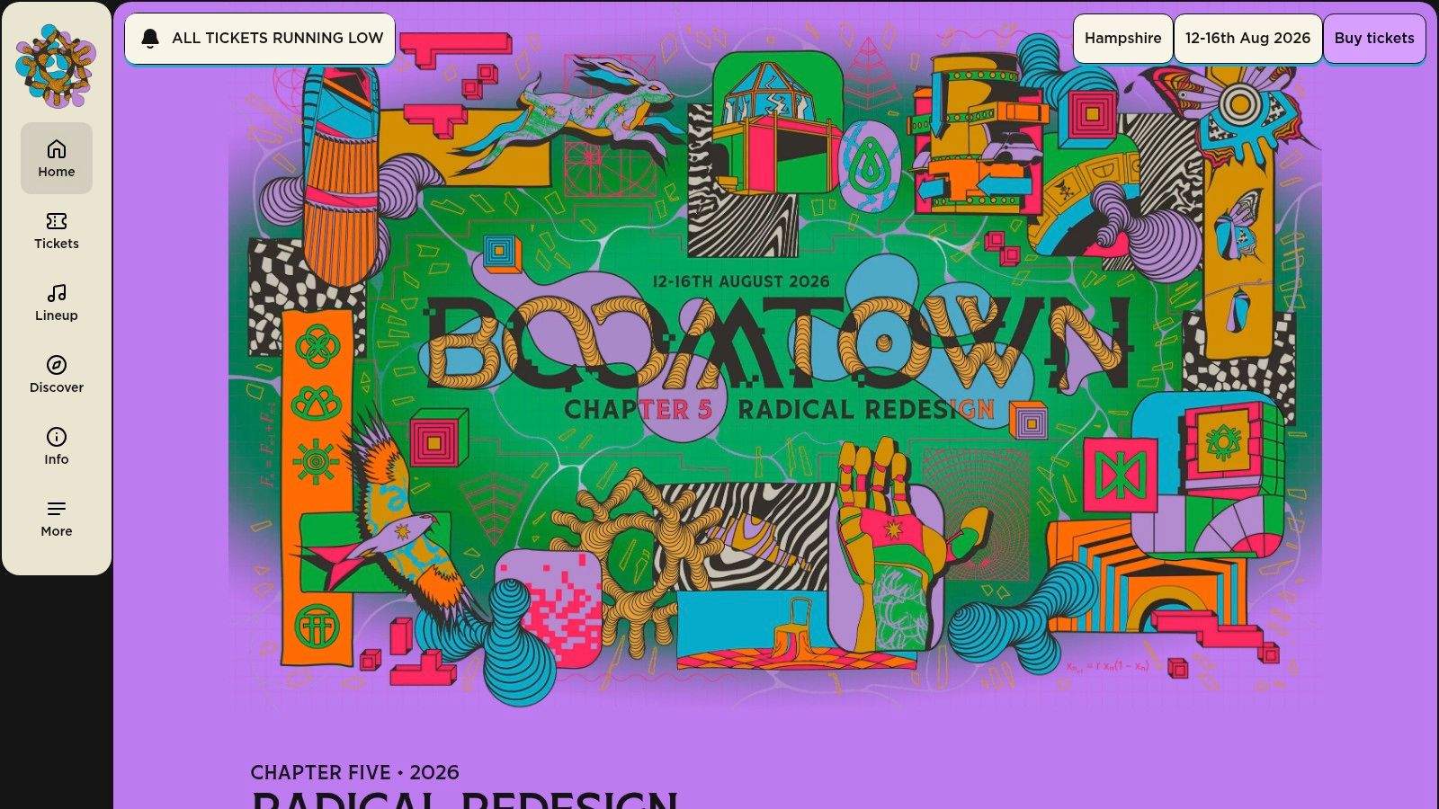 Boomtown Fair poster with a vibrant, fantastical city-like structure and artistic design