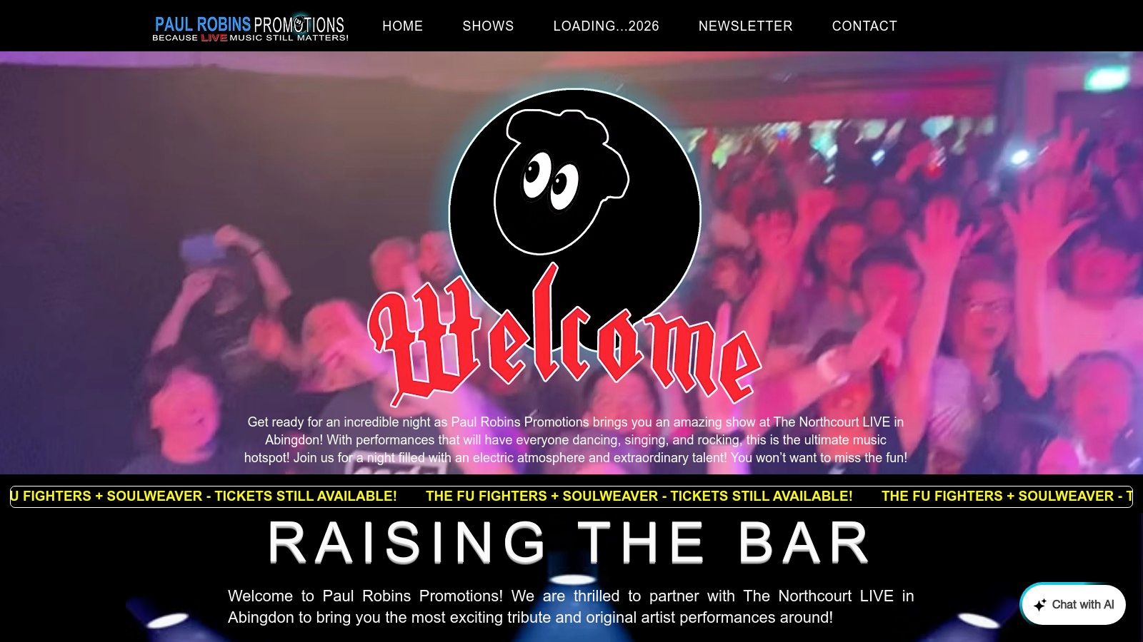Paul Robins Promotions website homepage featuring upcoming events.