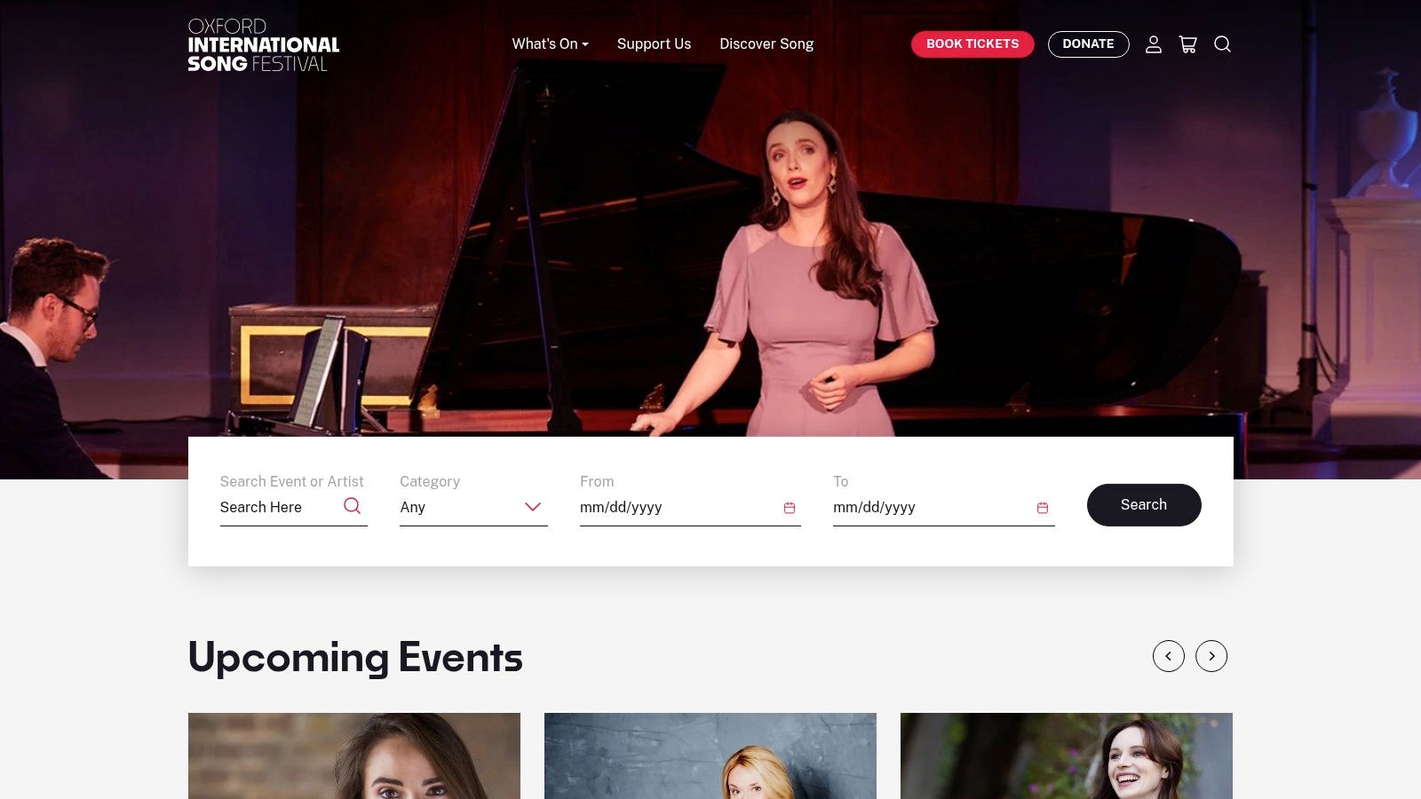 Oxford International Song Festival (Oxford Lieder) website showcasing its programme and artists.