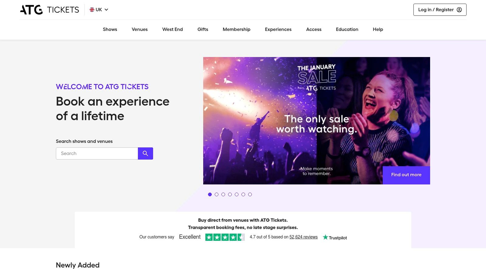 The homepage for ATG Tickets, showcasing featured London shows and search functionality.