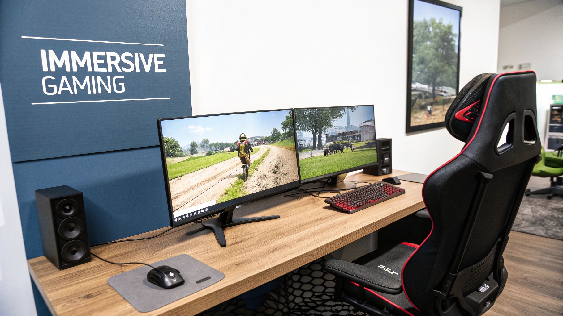 A dual monitor setup displaying an immersive, wide-screen gaming experience