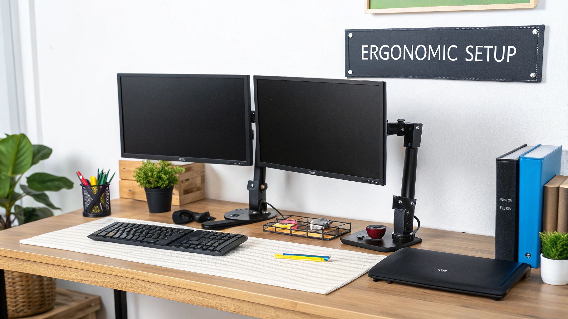 A person sitting at a desk with an ergonomic dual monitor setup.