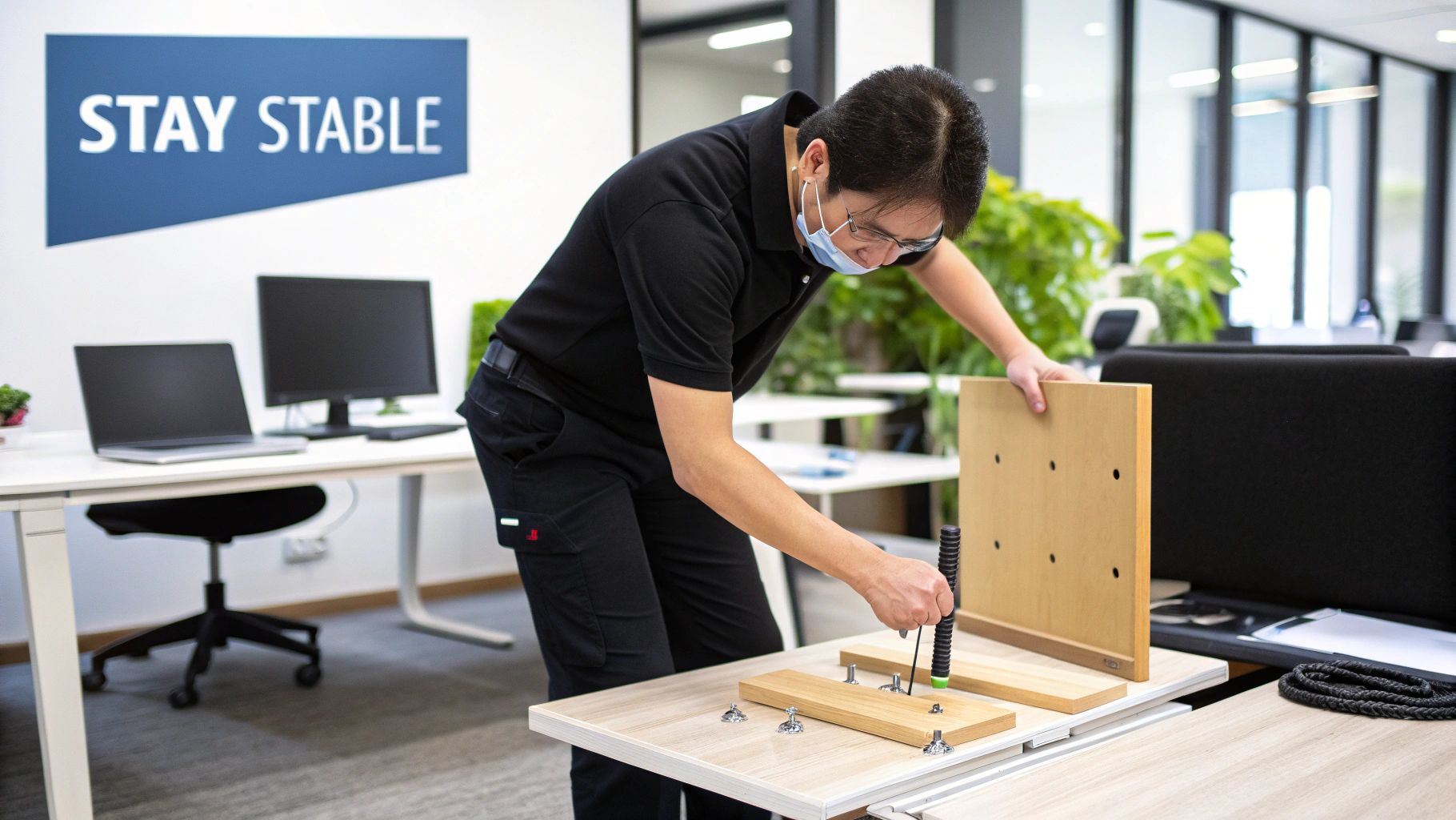 A person using a standing desk converter