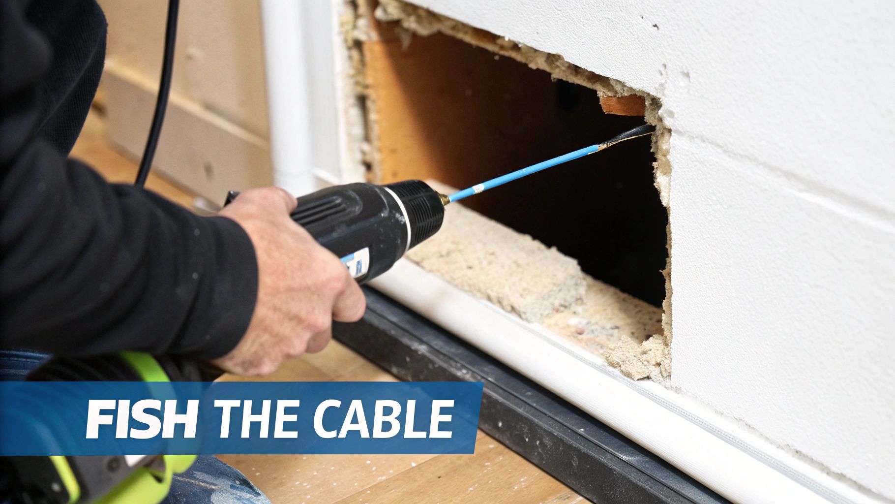 An in-wall power kit with two recessed outlets and a connecting cable, ready for installation.