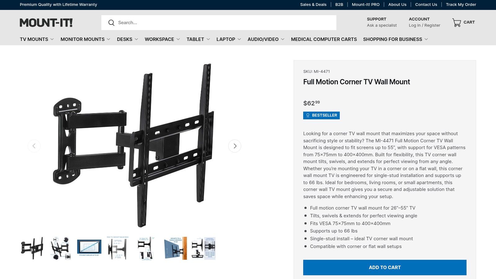 Mount-It! Full Motion Corner TV Wall Mount