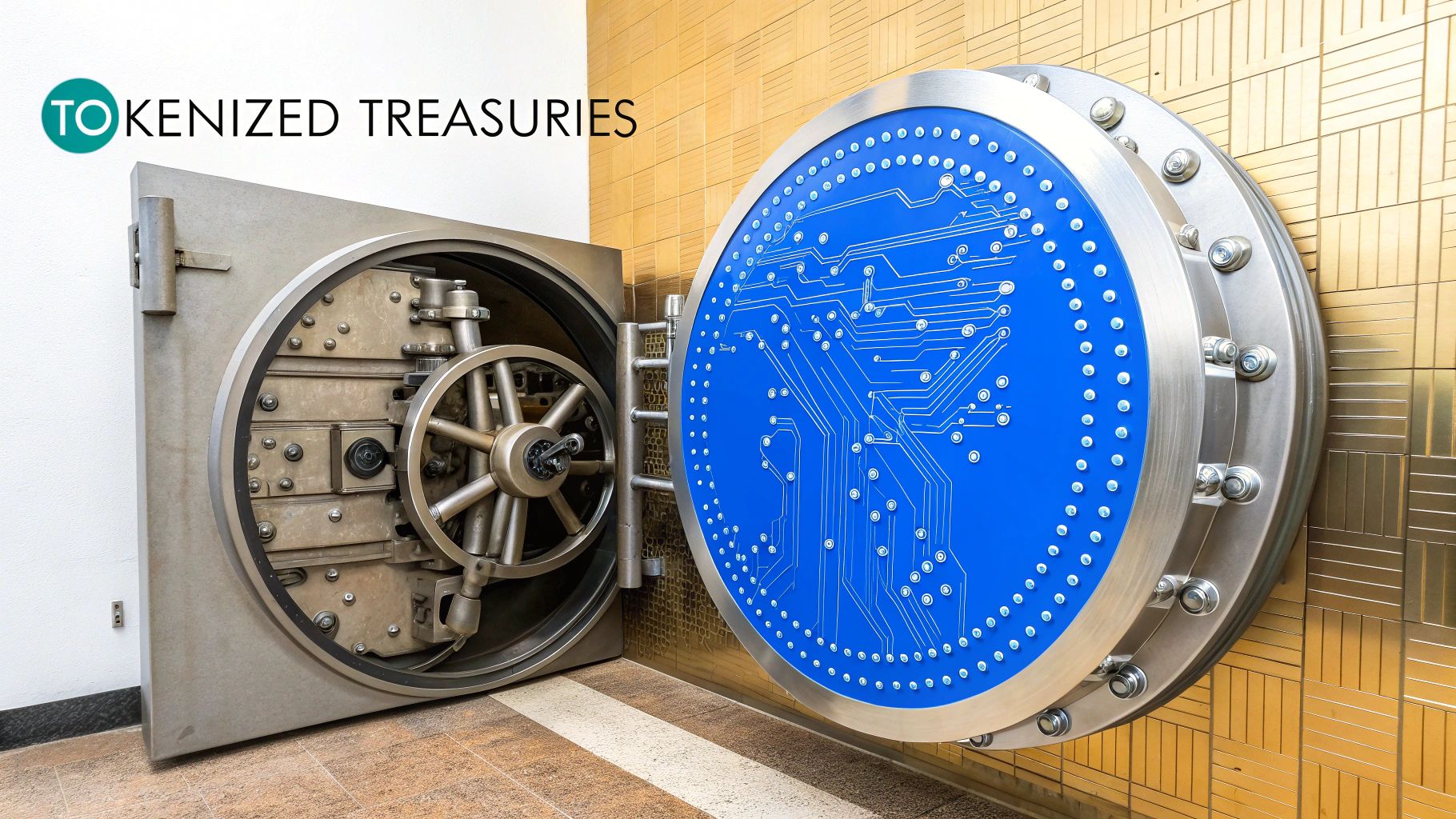 An image showing a bridge connecting a traditional bank building with a futuristic digital network, representing the link between TradFi and crypto.