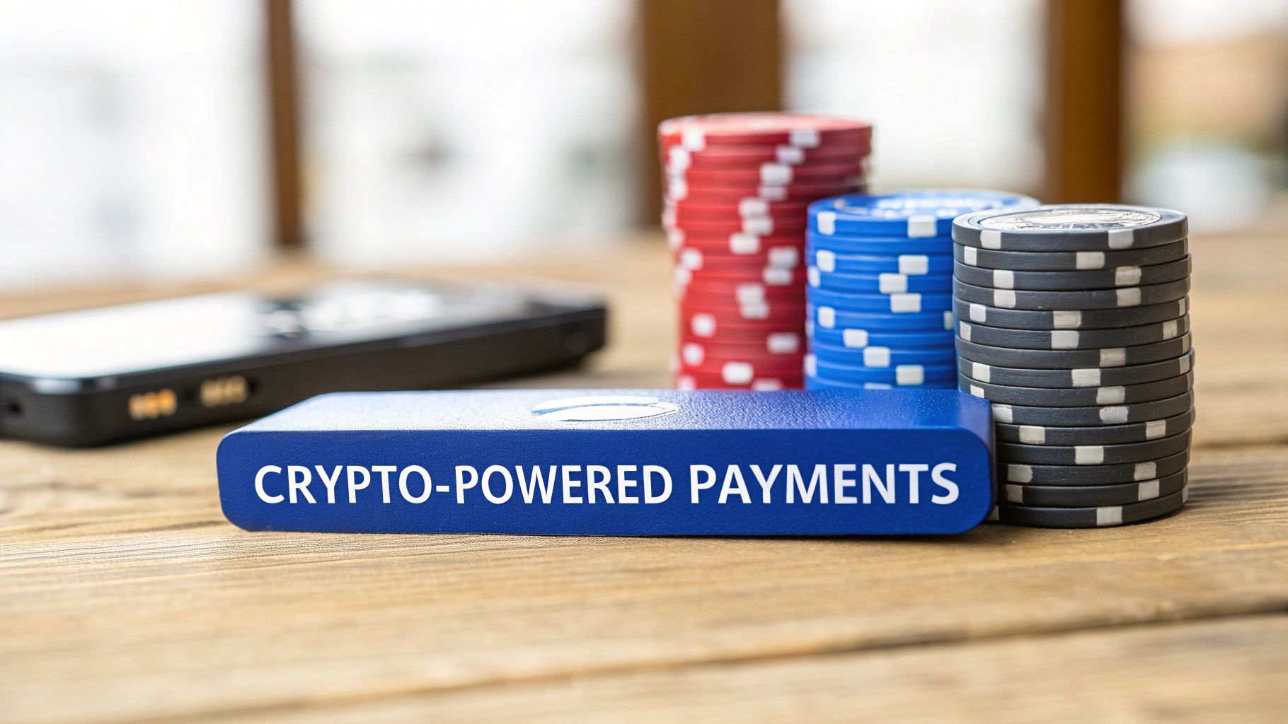 Stylized illustration of cryptocurrency coins like Bitcoin and Ethereum alongside casino chips