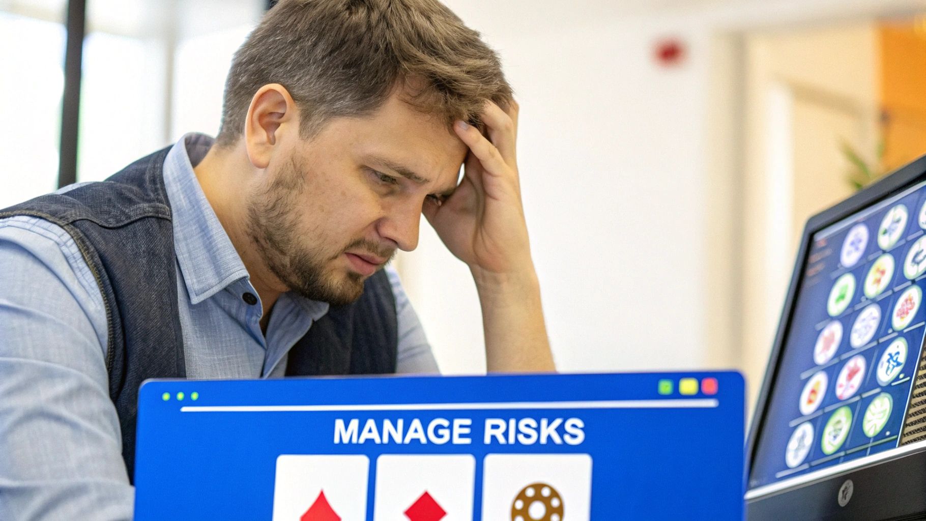 A person cautiously navigating a digital landscape, representing the risks of crypto gambling.