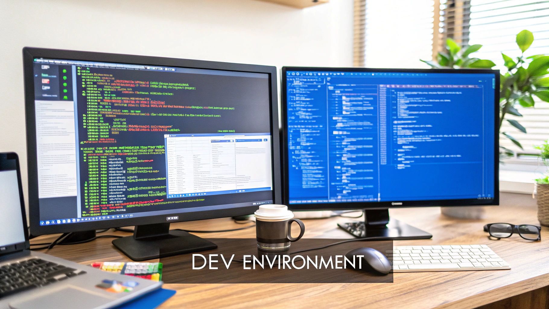 A developer's desk setup with multiple monitors displaying code, illustrating a professional development environment.