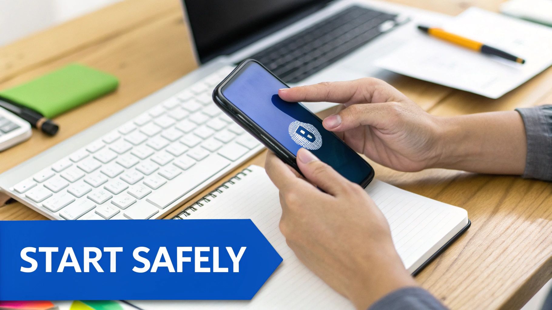 A person holding a smartphone with a secure crypto wallet interface, illustrating user control and safety.