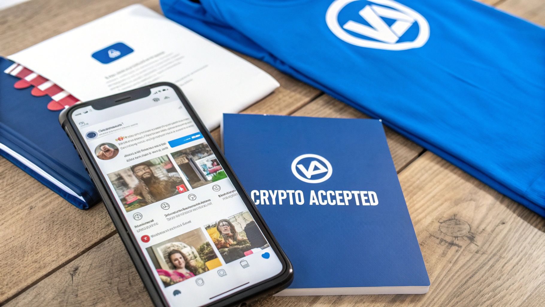 A person holding a smartphone displaying crypto logos, symbolizing marketing the new payment option.